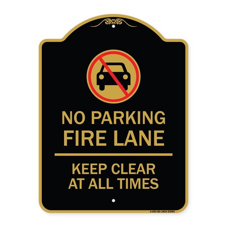Signmission Fire Lane Keep Clear All Times W/ Graphic, Black & Gold Aluminum Sign, 18" x 24", BG-1824-23984 A-DES-BG-1824-23984